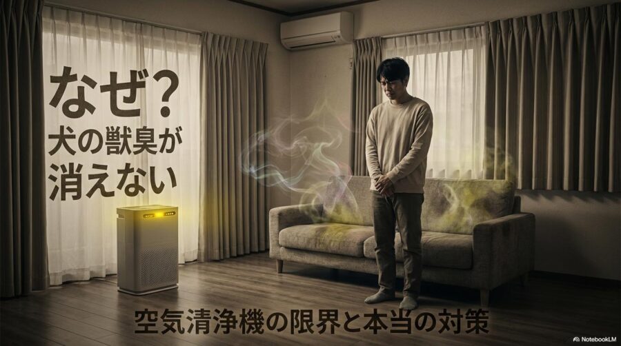 空気清浄機があるのに獣臭が消えず悩む飼い主の様子。この記事のテーマである「犬の部屋の獣臭が取れない原因と空気清浄機の限界」を象徴する一枚。
