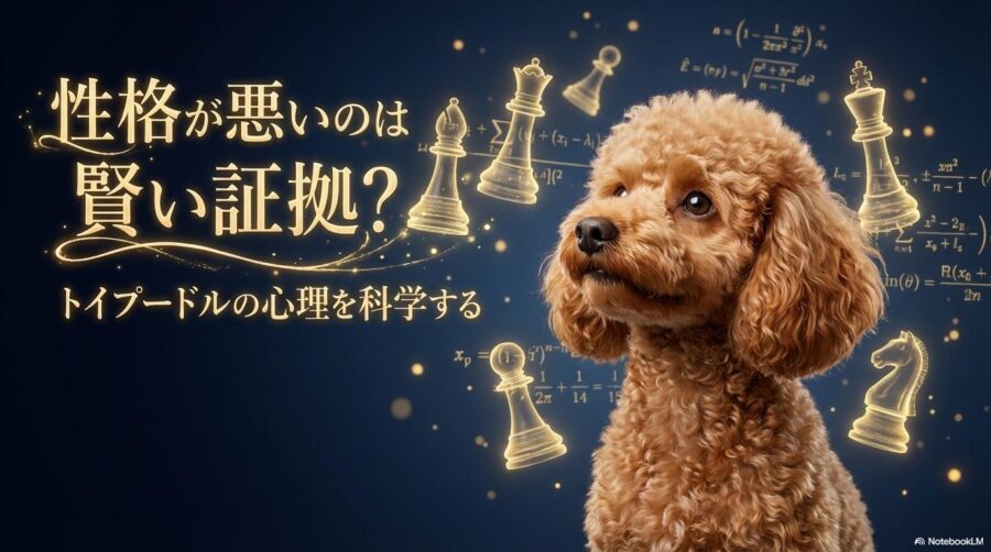 何かを深く考えているトイプードル。この記事のテーマである「トイプードルが性格悪い」と誤解される背景に、高い知能が関係していることを象徴する一枚。