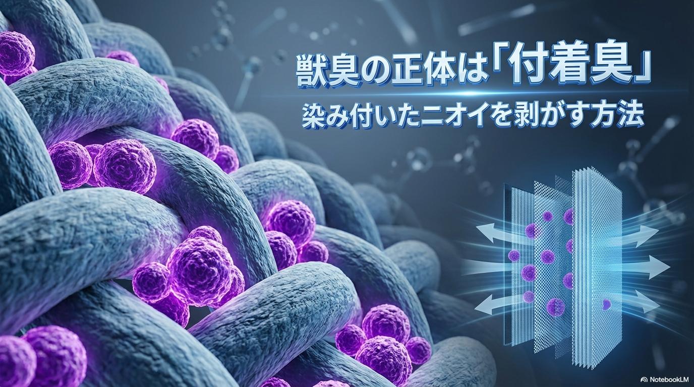 布製品の繊維にニオイ分子が吸着している様子を表現した3Dレンダリング画像。この記事のテーマである「布製品に染み付いた獣臭の物理的限界」を強調する一枚。