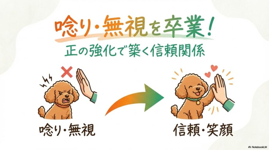 唸る状態から信頼関係を築くまでの変化を示すアイコン。この記事のテーマである「トイプードル 性格 悪い」悩みを、正の強化で解決するプロセスを表現した画像。
