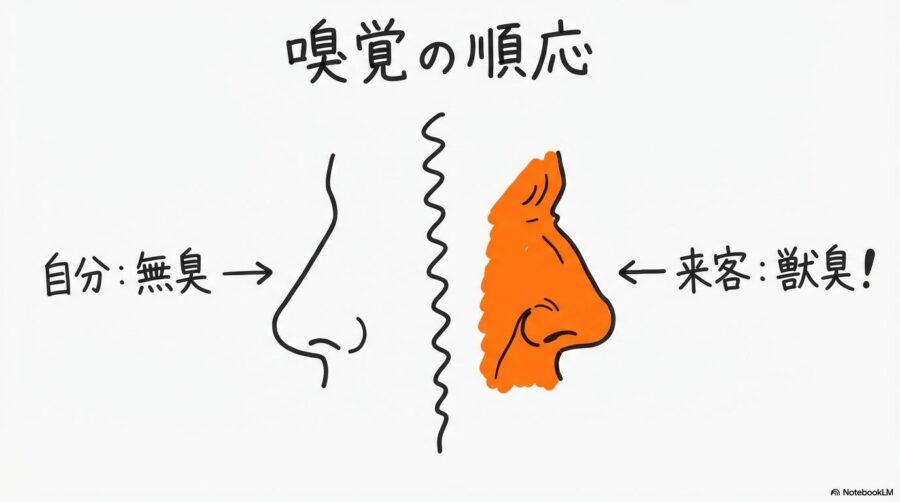 嗅覚の順応による感覚のギャップの図解。住人と来客のニオイの感じ方の違いをVS図で表現した画像。