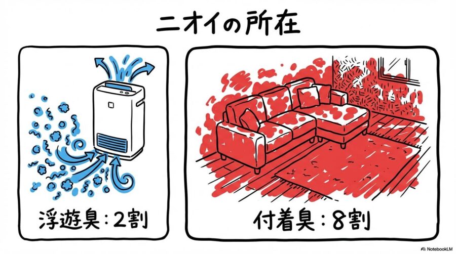 部屋のニオイの所在割合の図解。空気中の浮遊臭と壁や布の付着臭の比率をカード型で表現した画像。