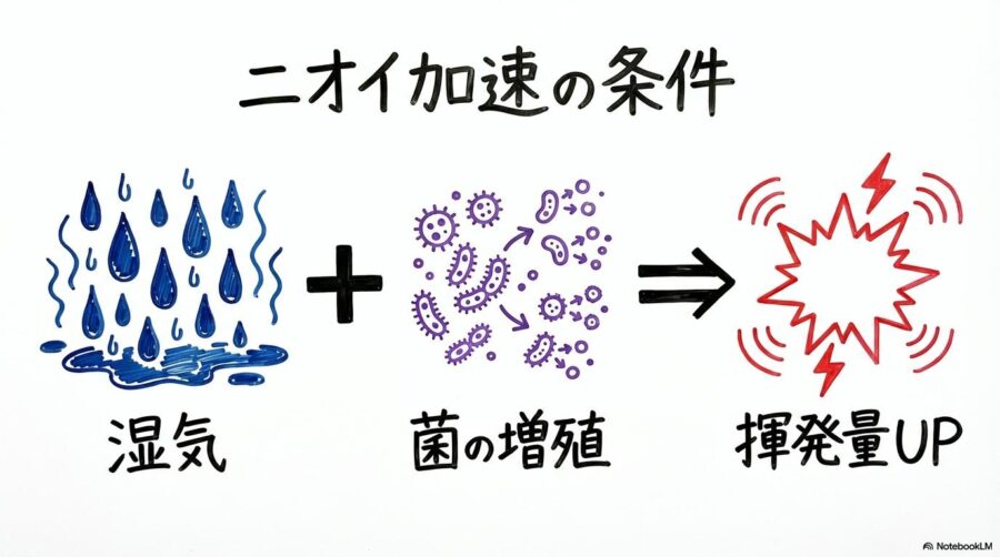 湿度とニオイ発生の相関図。高湿度が細菌繁殖を招きニオイを強める仕組みを数式図で表現した画像。
