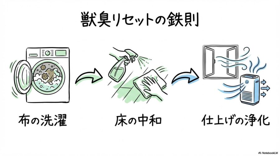 獣臭リセットの3ステップ図解。布の洗濯、床の拭き掃除、空気清浄の順序を表現した画像。