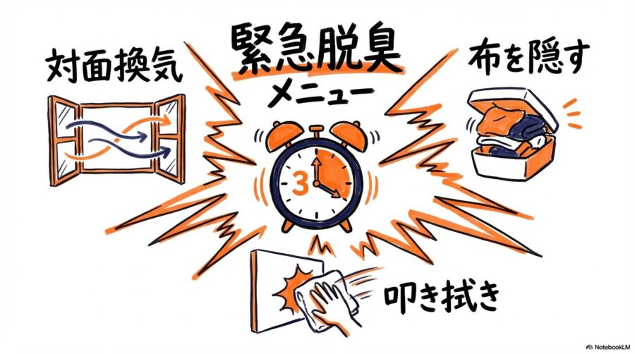 来客前の緊急脱臭ルーティンの図解。短時間で効果を出すための重要アクションをセンター配置で表現した画像。