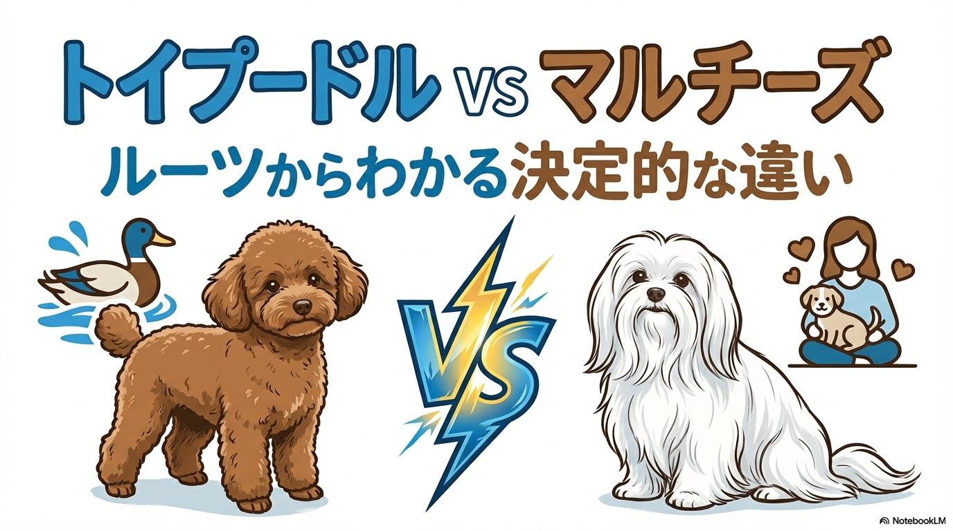 トイプードルとマルチーズの比較イラスト。この記事のテーマである「トイプードルとマルチーズの違い」を、それぞれの歴史的ルーツ（水猟犬と愛玩犬）と共に表現した画像。