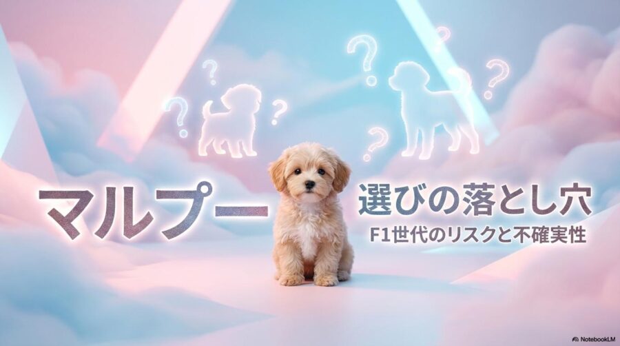 マルプーの成長予測を表現したイメージ。この記事のテーマである「トイプードル マルチーズ」のミックス犬が持つ、成犬時のサイズや毛質の不確実性を象徴する一枚。