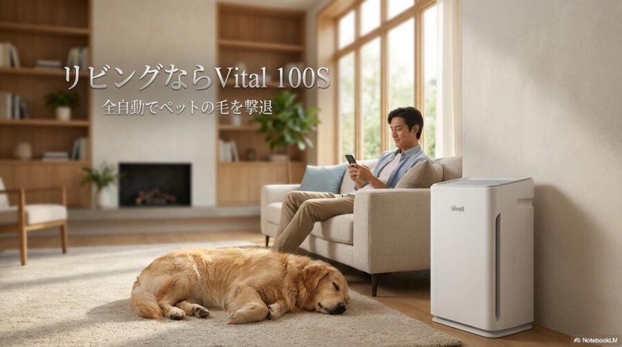 リビングの壁際に設置されたVital 100S Petとスマホを操作する飼い主。この記事のテーマである「Vital 100S Petの利便性とおすすめの設置場所」を強調する一枚。