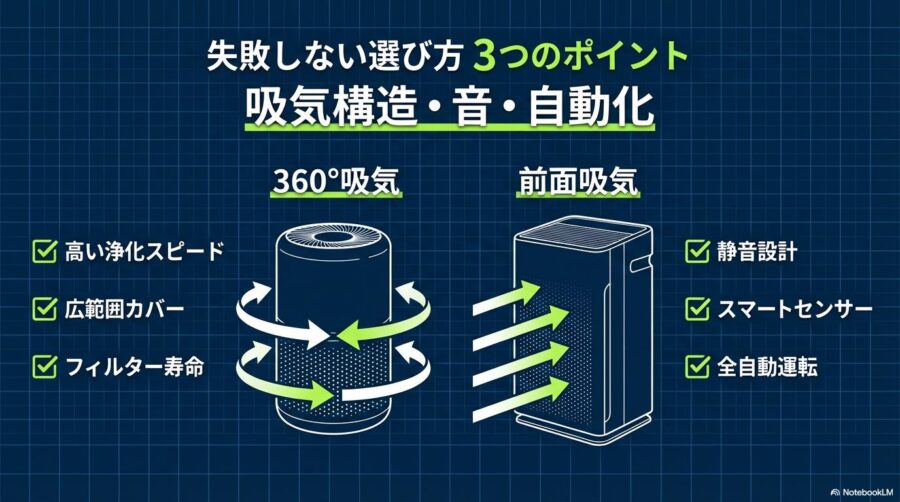 2機種の吸気構造と機能の差を整理したイラスト。この記事のテーマである「Levoitペット用2機種の決定的な違いと選び方」を網羅した一枚。