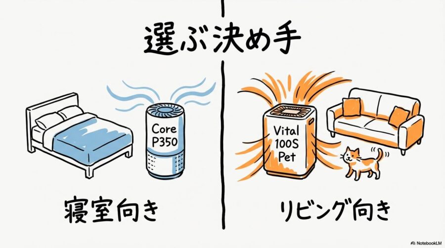 Core P350とVital 100S Petの設計思想の比較図。寝室向けとリビング向けの特性の違いをVS図で表現した画像。