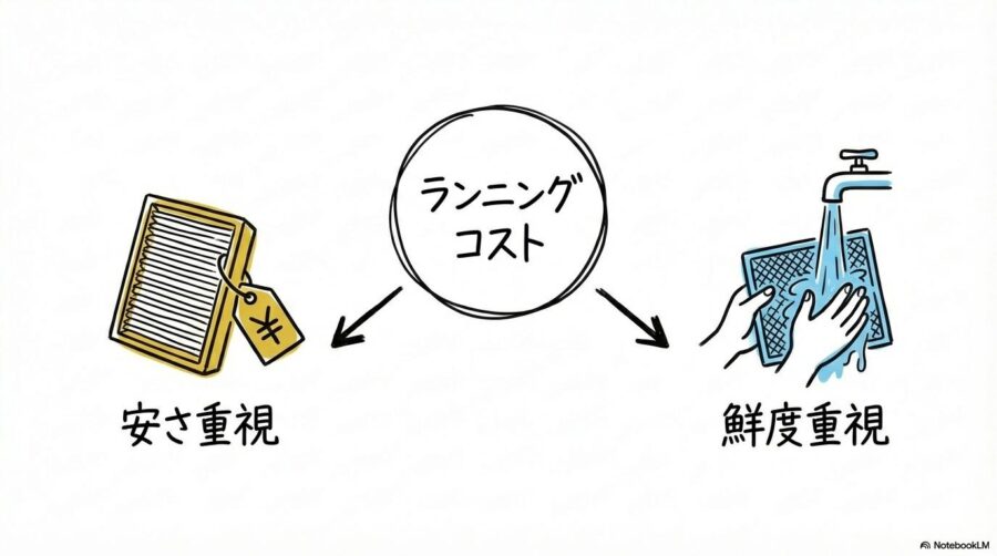 フィルター維持費の考え方の比較図。手軽な交換とメンテナンスによる長寿命化の違いをセンター配置で表現した画像。
