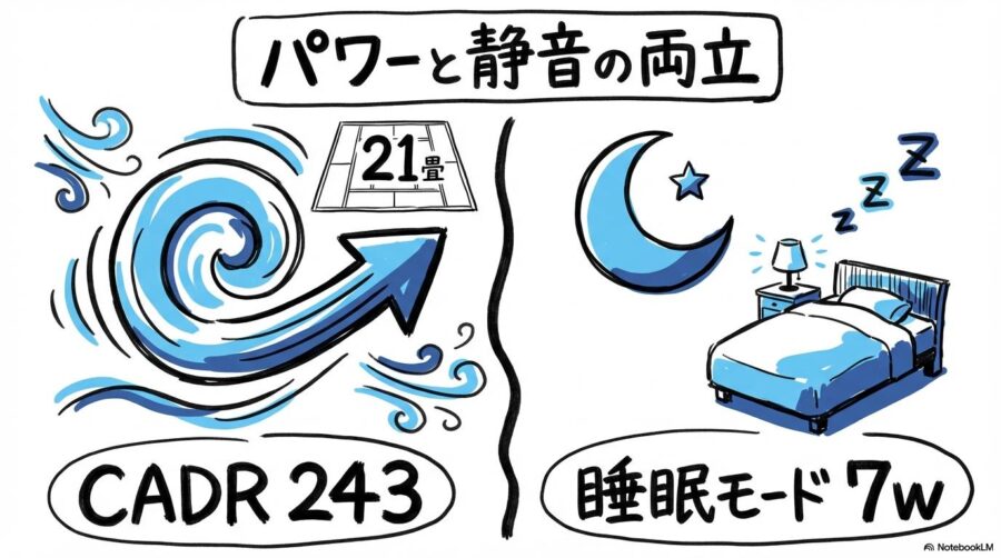 清浄能力と静音性の図解。強力な風量（CADR値）と低消費電力の睡眠モードの関係性を、VS図で表現した画像。