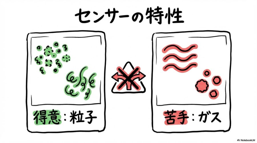 赤外線センサーの検知範囲の図解。粒子状物質（得意）とガス状ニオイ成分（苦手）の差を、カード型で表現した画像。
