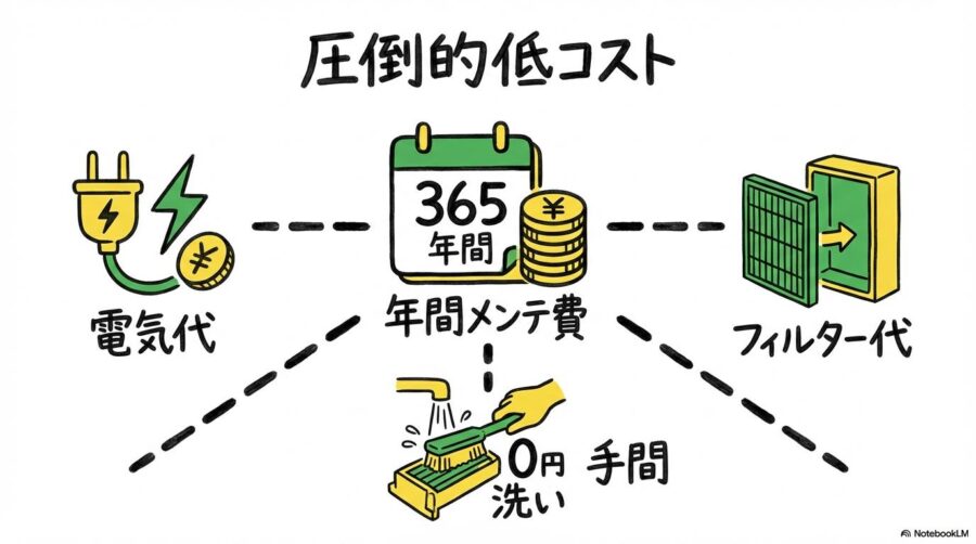 ランニングコストの図解。電気代やフィルター代などの維持費項目を、センター配置で表現した画像。