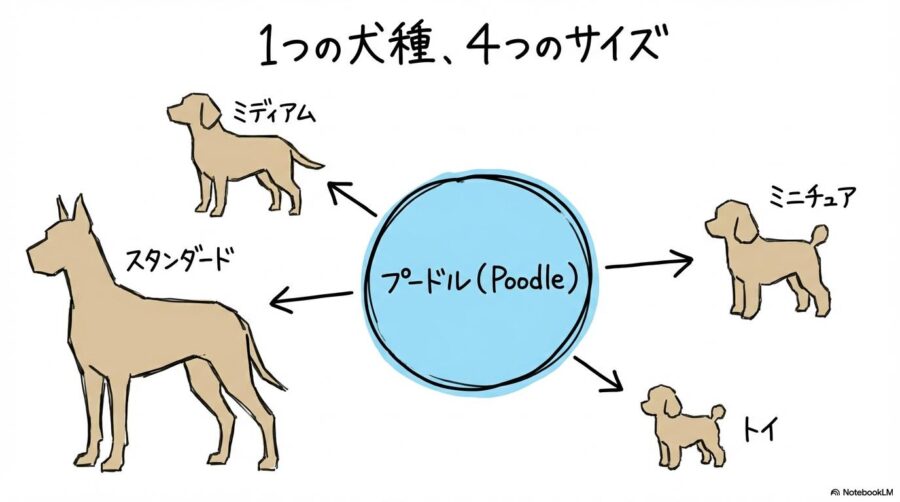 トイプードルとプードルの違いの図解。1つのプードルという犬種から4つの公式サイズ(スタンダード、ミディアム、ミニチュア、トイ)に分かれている関係性を、センター配置で表現した画像。