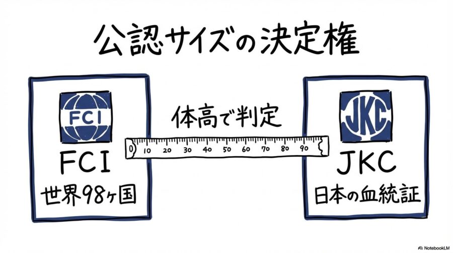 公認4サイズの基準の図解。FCIとJKCという2つの権威ある機関が、体高(cm)によってサイズを厳格に定めている仕組みを、カード型で表現した画像。