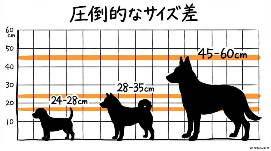 種類別サイズ比較の図解。トイからスタンダードまで、プードルの体高の違いをグリッド線とともに、3ステップ図で視覚的に表現した画像。