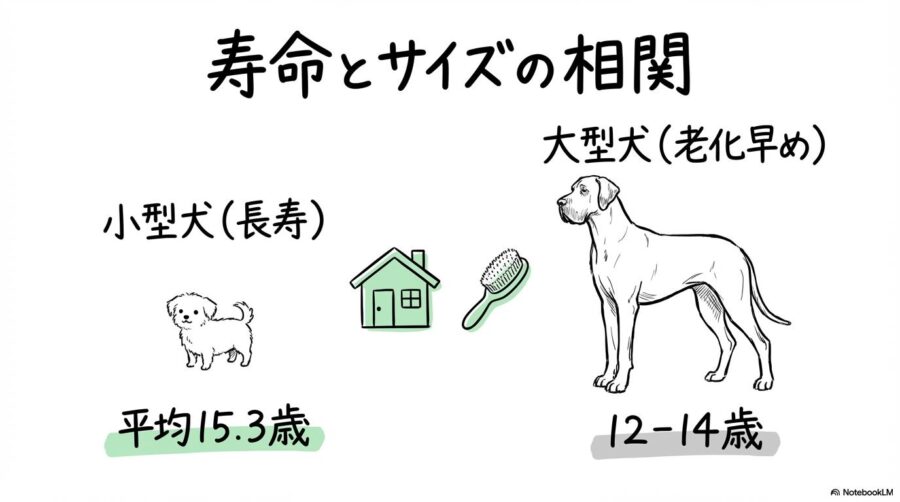 種類による寿命データの図解。トイプードルとスタンダードプードルの平均寿命の差を、VS図で対比させて表現した画像。