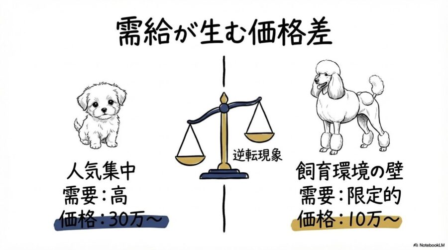 価格相場の違いの図解。需要の高いトイプードルと、環境を選ぶスタンダードプードルの市場価格の差を、スプリット構図で表現した画像。