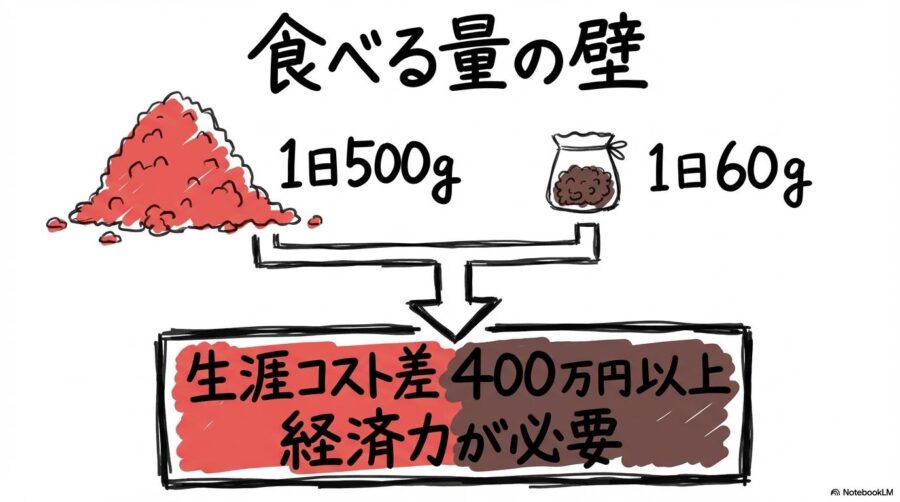 生涯コストシミュレーションの図解。スタンダードとトイの圧倒的なフード消費量の差と、それが生む生涯コストの差を、数式図で表現した画像。