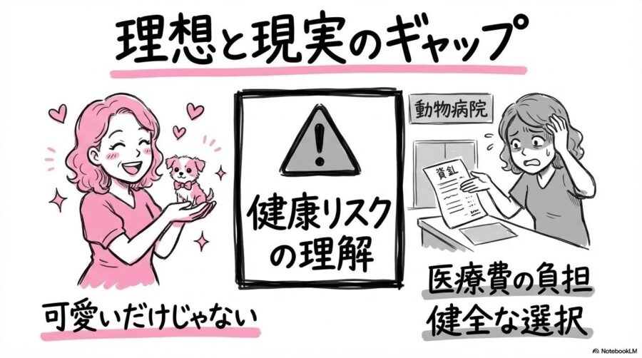 ティーカッププードルのお迎え体験談の図解。可愛さへの憧れと、その後の健康トラブルによる苦労を、ビフォーアフター構図で表現した画像。