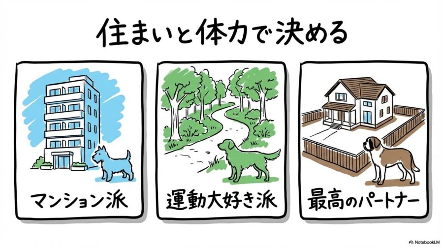 ライフスタイル別選び方の図解。住居環境や趣味に合わせて、どのサイズのプードルが最適かを、カード型で提案した画像。