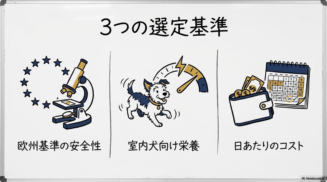 ドッグフード選びの3つの判断基準。安全性、栄養、コストの関係性を、カード型で表現した画像。