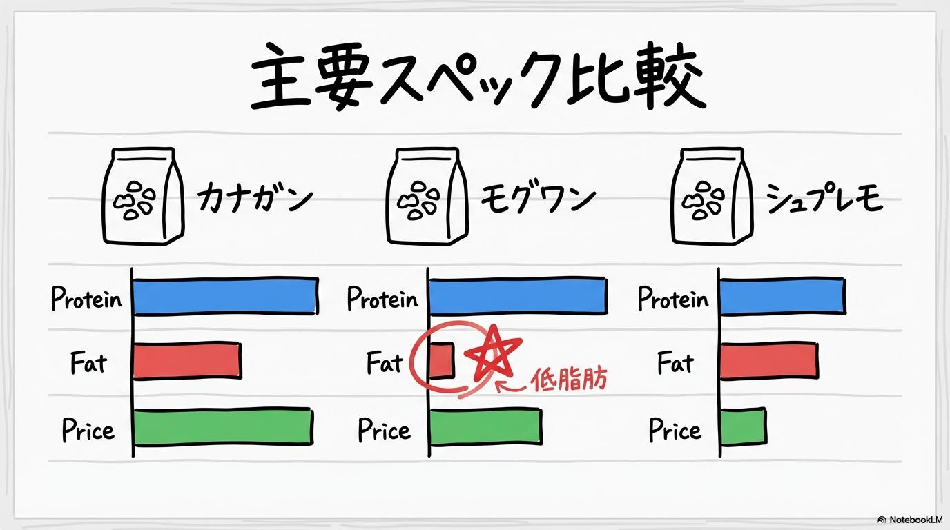 モグワン、カナガン、シュプレモの成分と価格の比較。3商品のスペック差を、VS図で表現した画像。