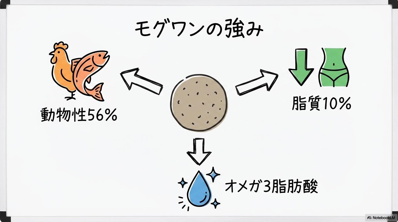 モグワン ドッグフードの栄養学的な強み。3つの主要なメリットを、センター配置で表現した画像。