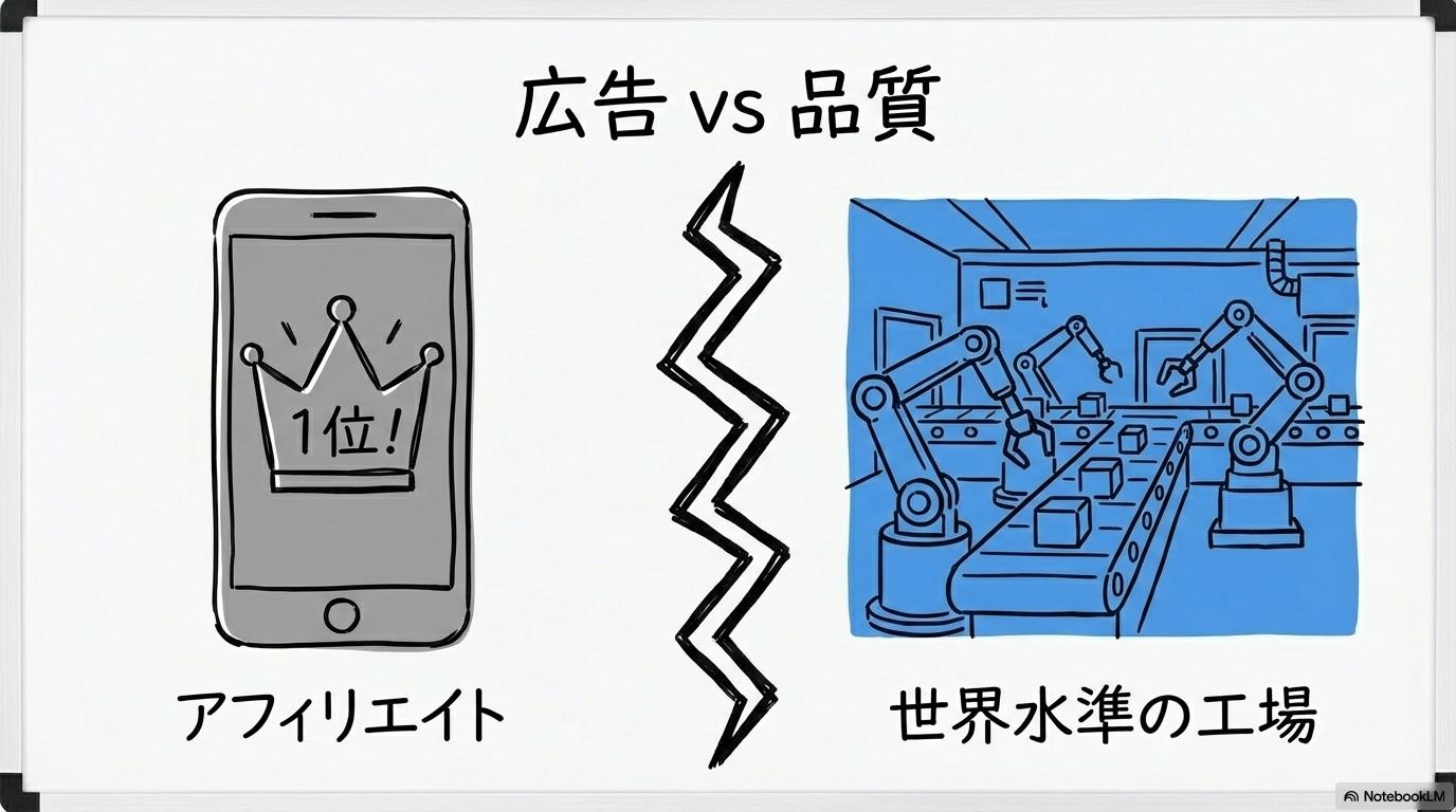 モグワンの広告手法と製品品質の切り分け。ステマ疑惑と実際の製造背景の関係性を、スプリット構図で表現した画像。