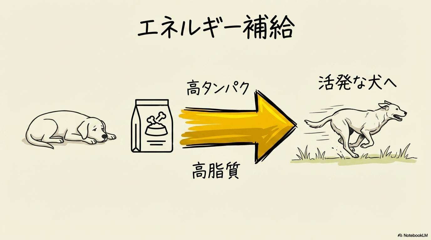 カナガンによるエネルギー補給のイメージ。活動的な犬への適合性を、ビフォーアフターで表現した画像。