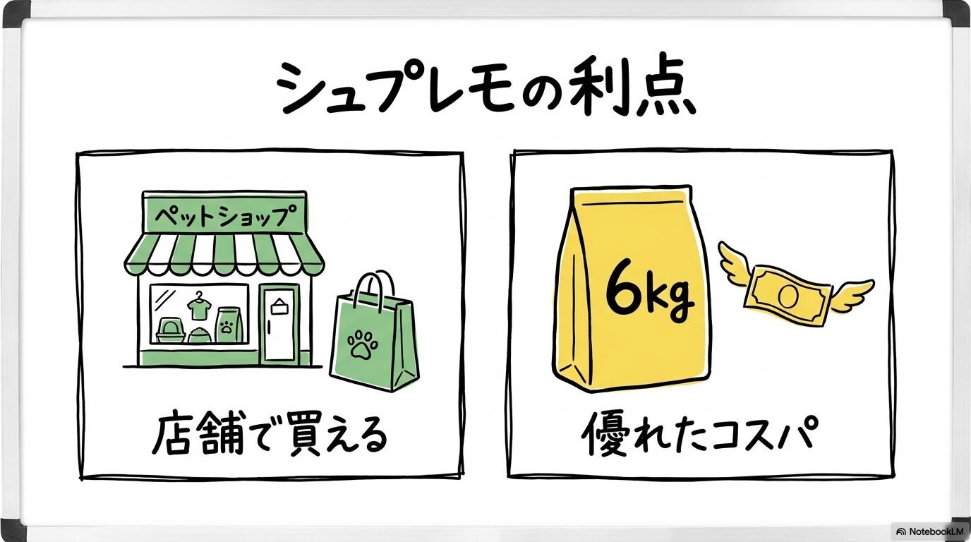 シュプレモの利便性と経済性。店舗購入とコストパフォーマンスの強みを、カード型で表現した画像。