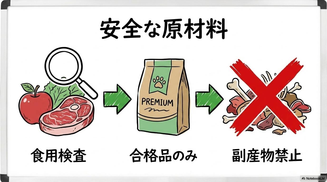 欧州規制（Category 3）による原材料の選別フロー。副産物排除の仕組みを、3ステップ図で表現した画像。