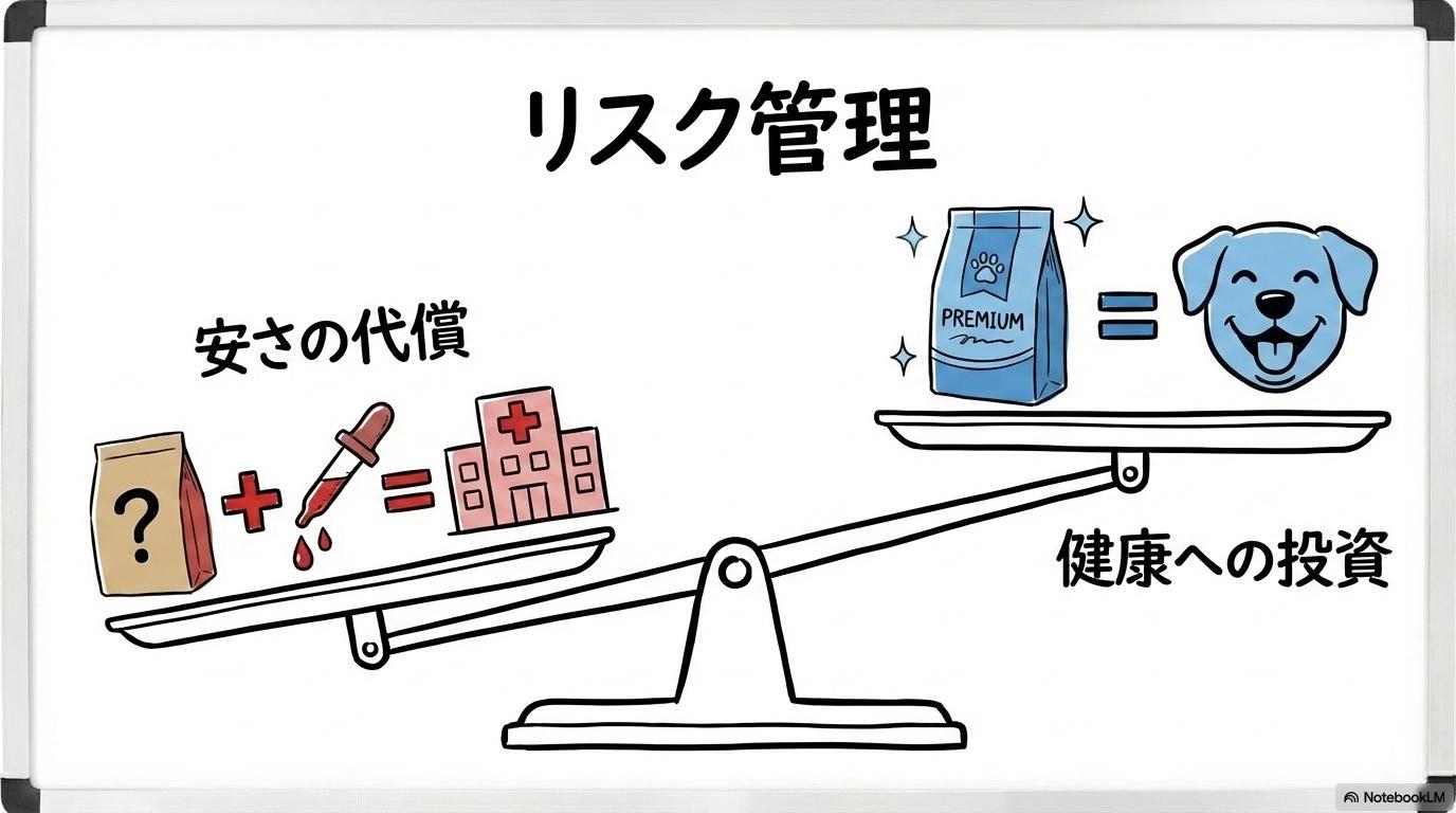 ドッグフード選びとリスク管理。価格と将来的な健康維持の関係を、数式図で表現した画像。