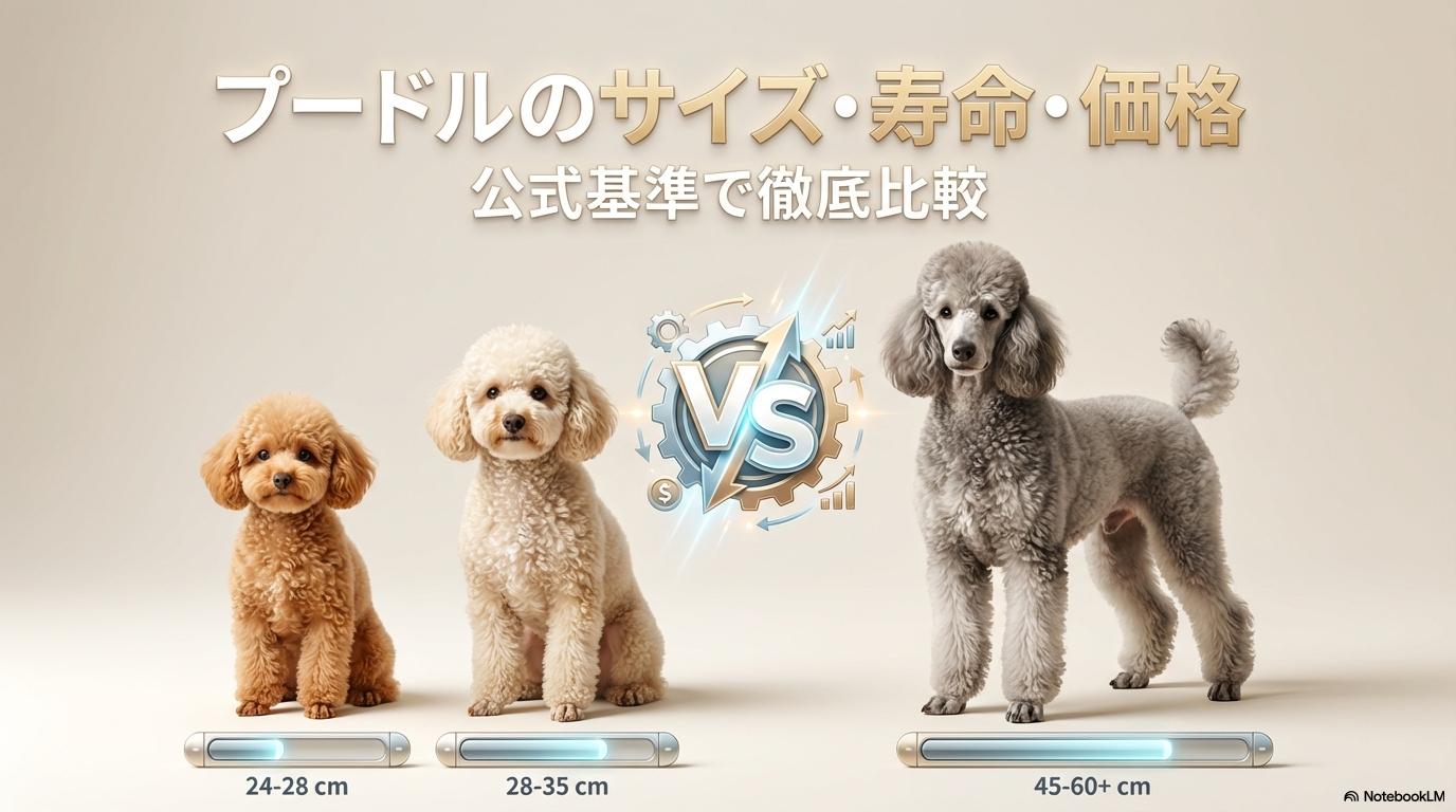 トイ、ミニチュア、スタンダードの3サイズのプードルが横並びで比較されている高品質な3D画像。この記事のテーマである「トイプードル プードル 違い」を象徴する、サイズ別の公式基準を示す一枚。