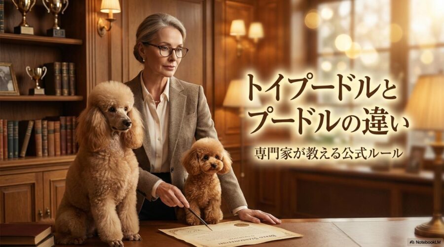 スタンダードプードルとトイプードルが並び、公式基準を解説しているフォトリアルなシーン。この記事のテーマである「トイプードル プードル 違い」をJKC/FCIの権威性とともに伝える一枚。