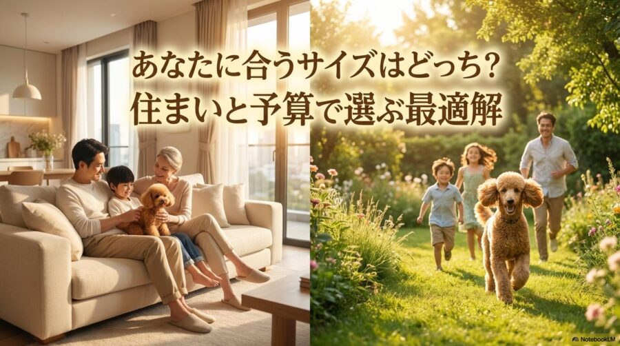 マンションと一軒家それぞれの環境で飼われているプードルの様子を対比させた画像。この記事のテーマである「トイプードル プードル 違い」に基づき、ライフスタイルに合わせたサイズ選びを促す一枚。