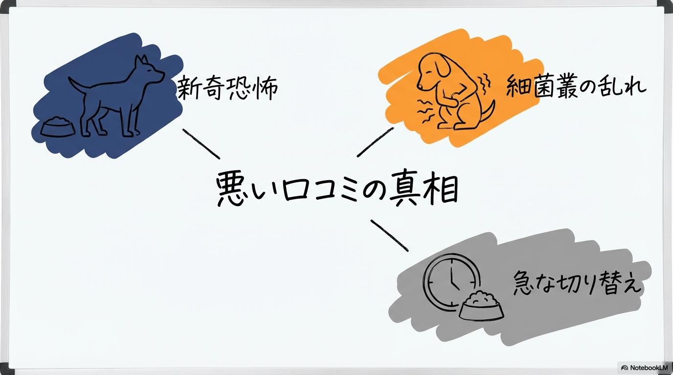 「モグワンに悪い口コミが集まる3つの理由」の図解。新奇恐怖、細菌叢の乱れ、急な切り替えの関係性をセンター配置で表現した画像。
