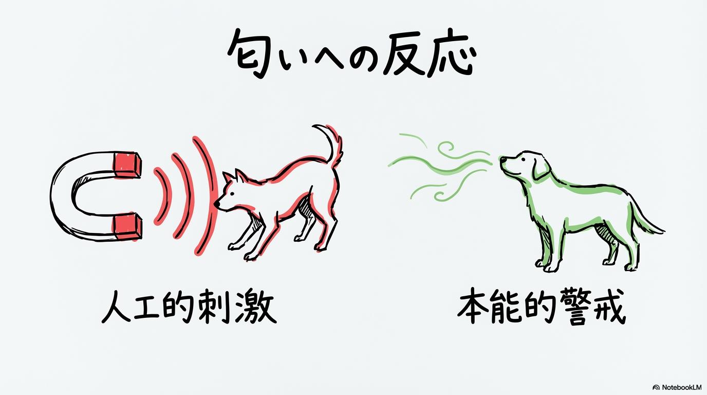 「人工香料と自然な香りへの犬の反応」の図解。人工的な刺激と本能的な警戒の関係性をVS図で表現した画像。