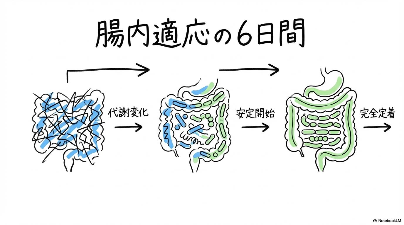 「腸内細菌が安定するまでのタイムライン」の図解。2日目、4日目、6日目の変化を3ステップ図で表現した画像。