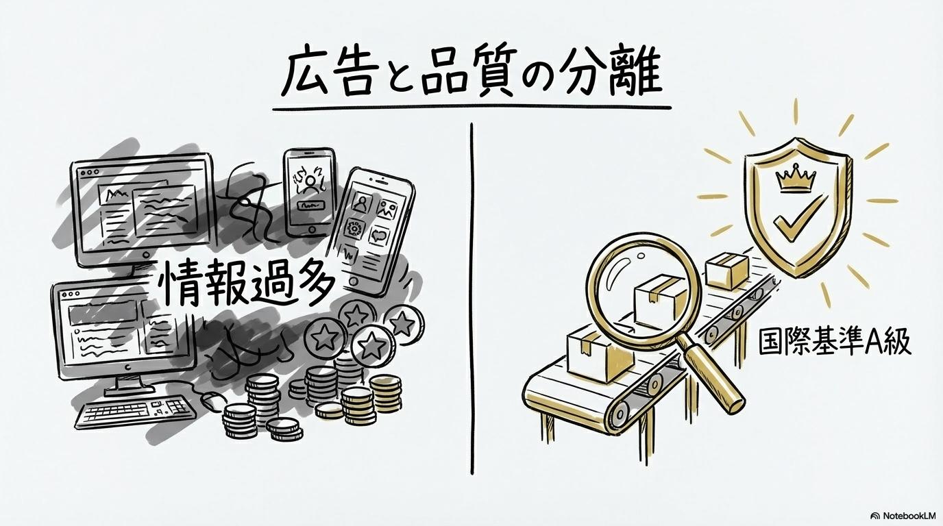 「広告の過熱と製品の品質」の図解。情報の飽和と工場の信頼性の関係性をスプリット構図で表現した画像。