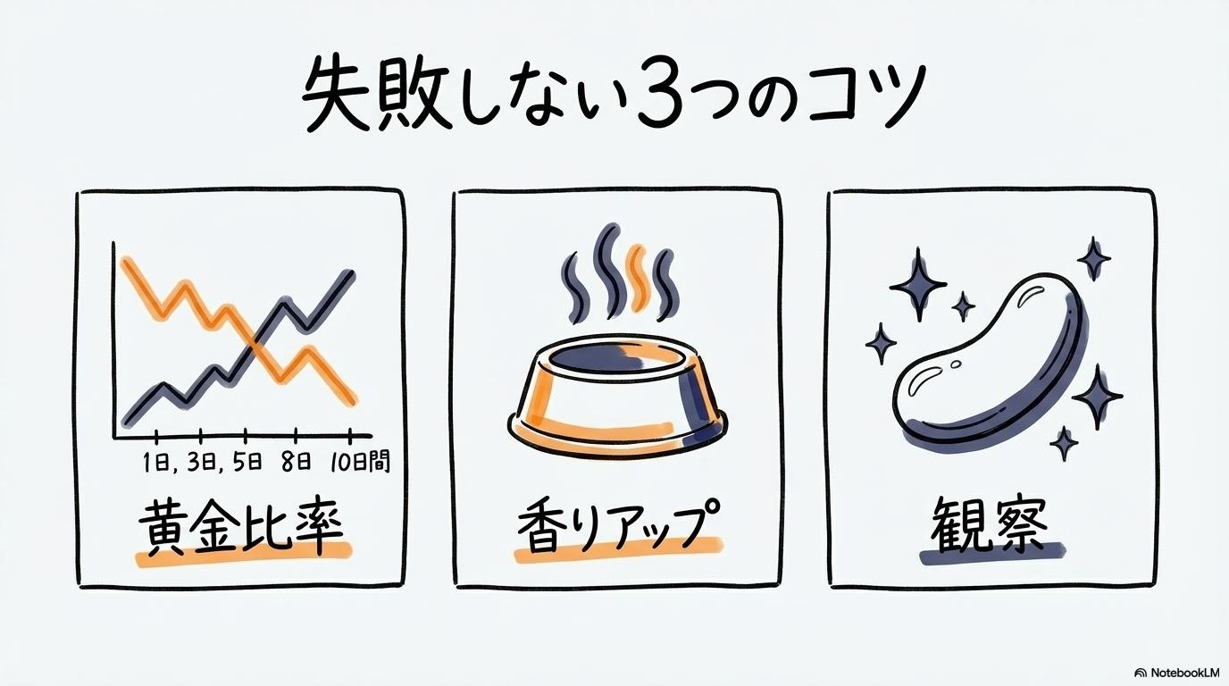 「モグワン完全移行ガイド」の図解。比率、ふやかし、観察の3つのコツをカード型で表現した画像。