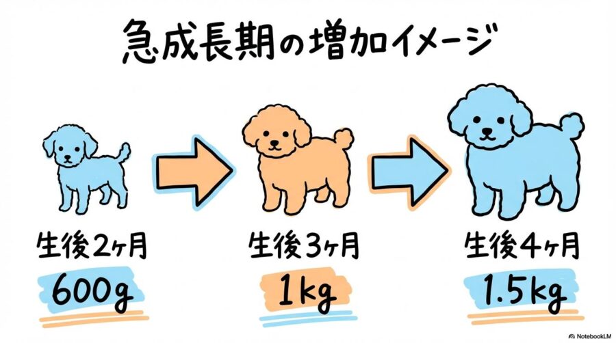 生後3ヶ月のトイプードルの理想的な体重推移の図解。月齢とともに体重が増えていくイメージを3ステップで表現した画像。