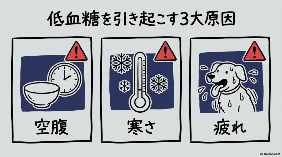 低血糖症のリスク要因の図解。空腹、寒さ、疲れという3つの主な原因をカード型で整理した画像。