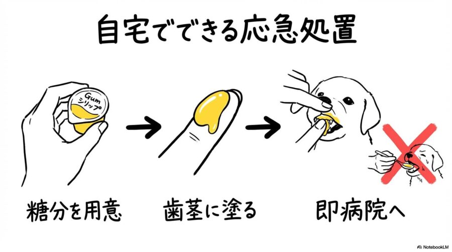低血糖時の応急処置の図解。ガムシロップ等を歯茎に塗る具体的な手順を3ステップで表現した画像。