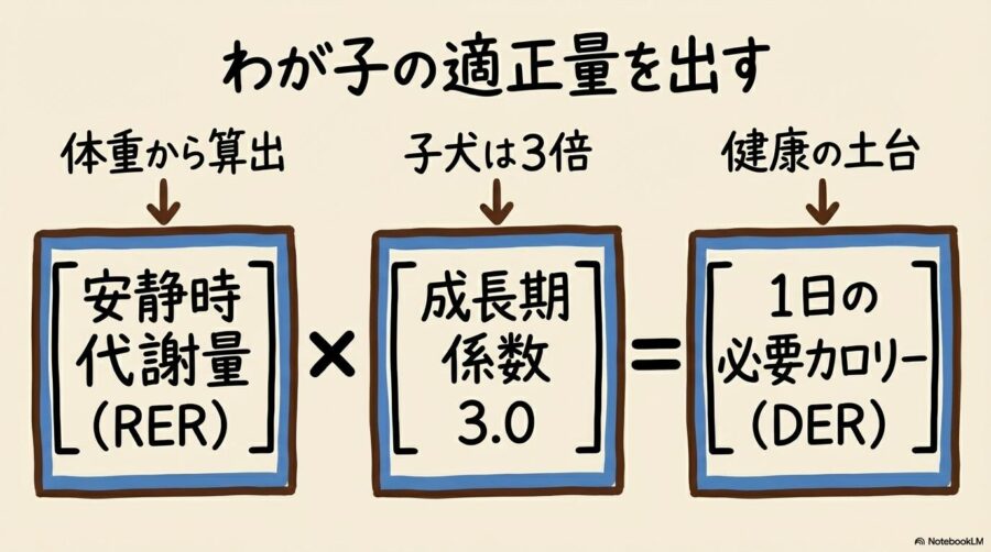 DER計算式の図解。RERに係数3.0を掛けて、生後3ヶ月の子犬に必要な1日のカロリーを導き出す仕組みを数式図で表現した画像。