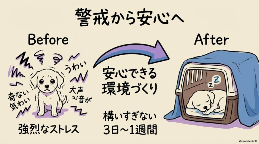 環境移行ストレスの図解。新しい環境への警戒心が、適切な接し方によって安心に変わっていくプロセスを表現した画像。