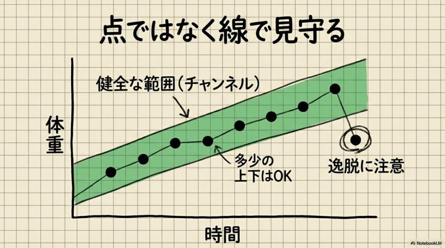成長曲線の活用法の図解。単一の数値ではなく、健全な成長範囲（チャンネル）内に収まっているかを確認する考え方を表現した画像。