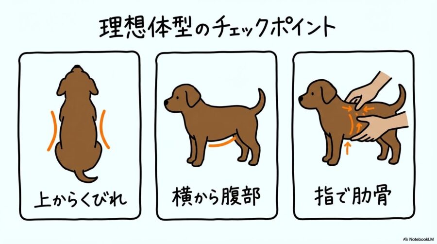BCS（体型評価）の図解。理想的な体型とされるBCS3のチェックポイントをカード型で表現した画像。