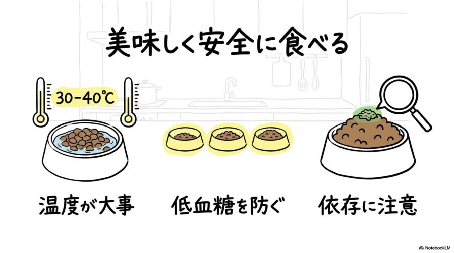 子犬への食事の与え方の図解。ふやかしの温度や回数など、健康な成長を支える3つのポイントを整理した画像。